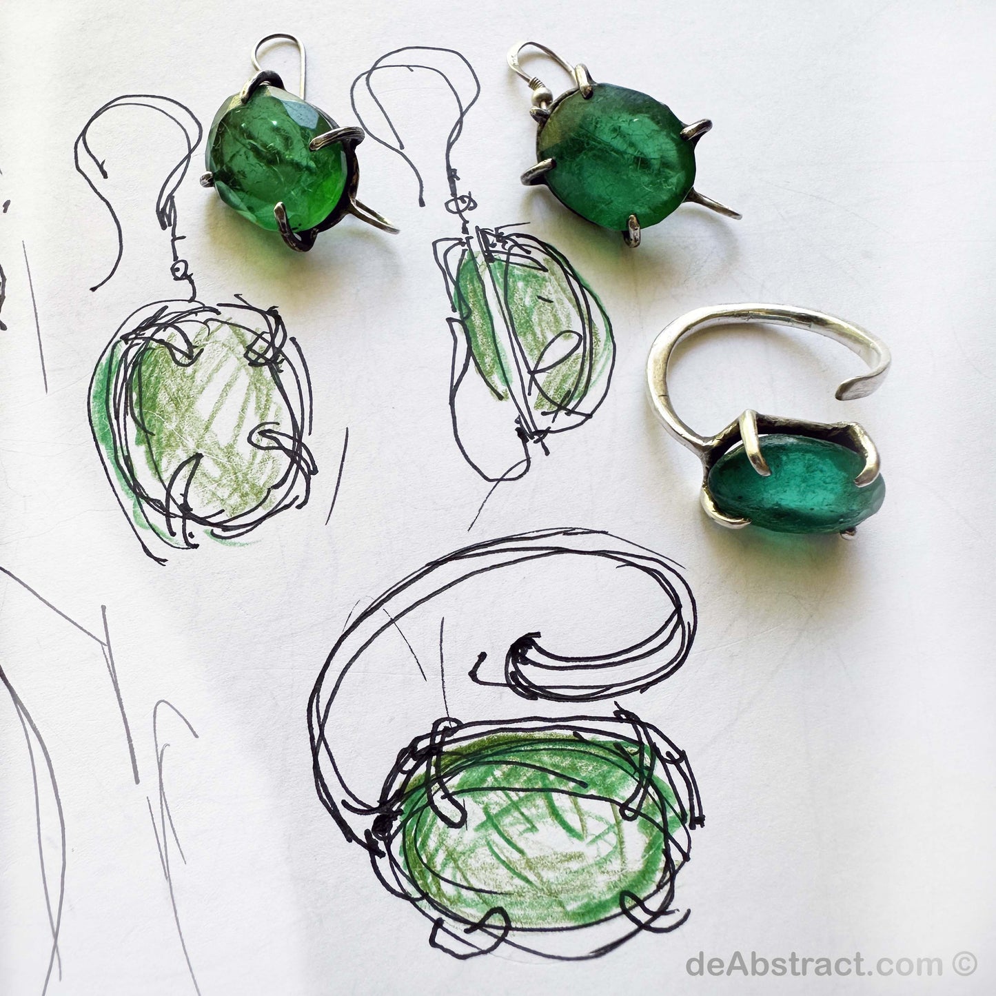 'de Emeralds' Ring and Earrings Set - Sterling Silver 925, handmade, forged, and hammered